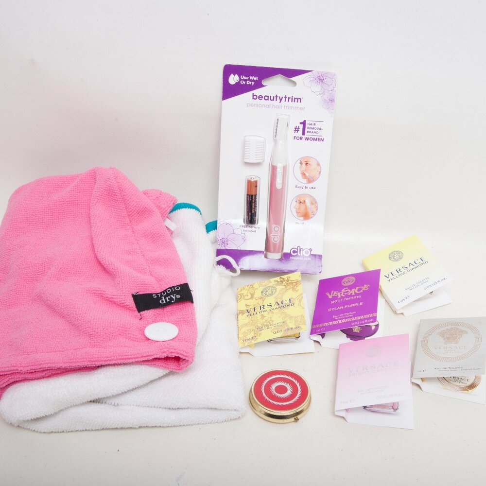 STUDIO DRY Towels, Hair Trimmer, Pill Box, VERSACE Spray Samples